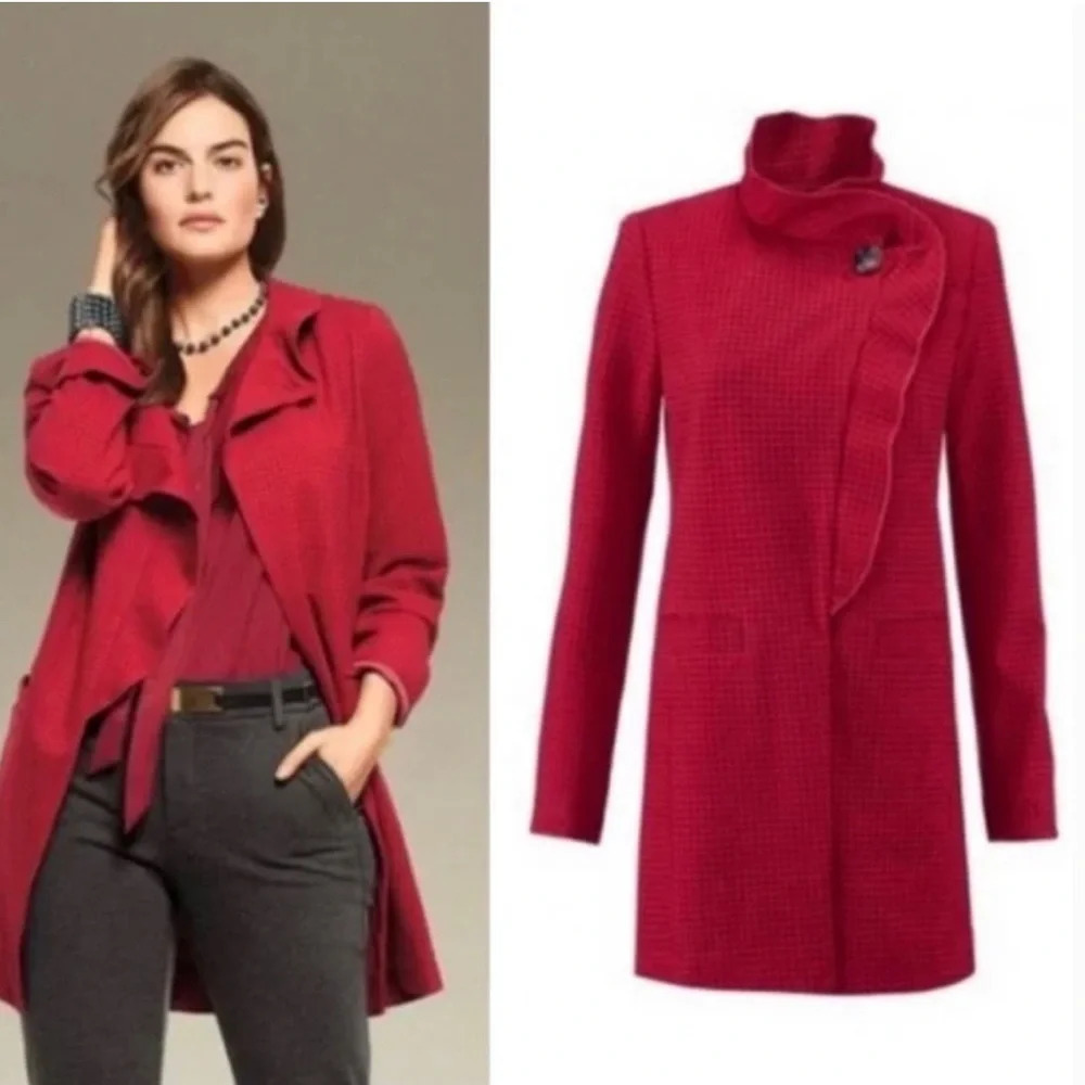 CAbi Bold Red Textured Trench Coat with Ruffled Collar